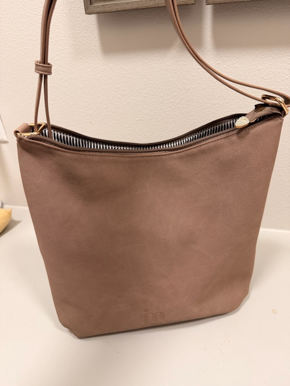 Minimal Taupe Shoulder Bag with Zip - Women's Everyday Tote